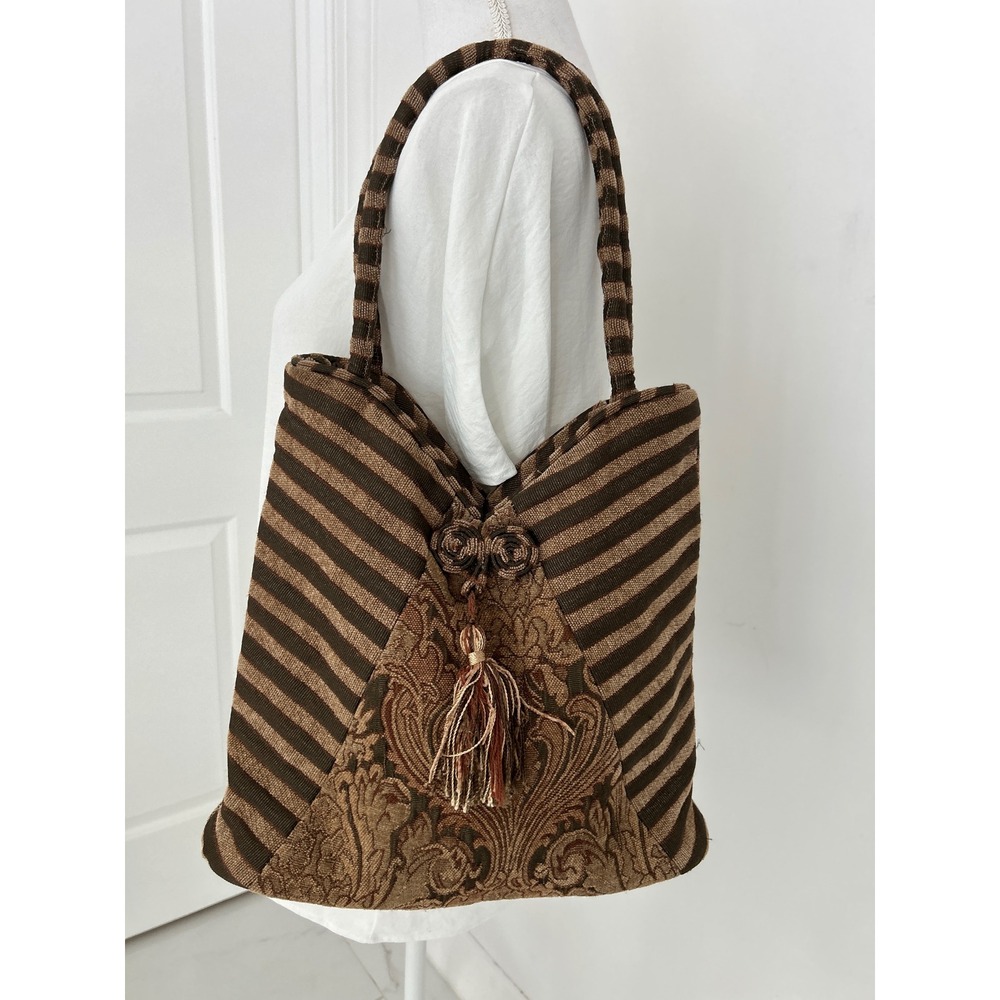 Jennifer Taylor Brown Tapestry Tote Bag Striped Damask Boho Tassel Shoulder Bag
